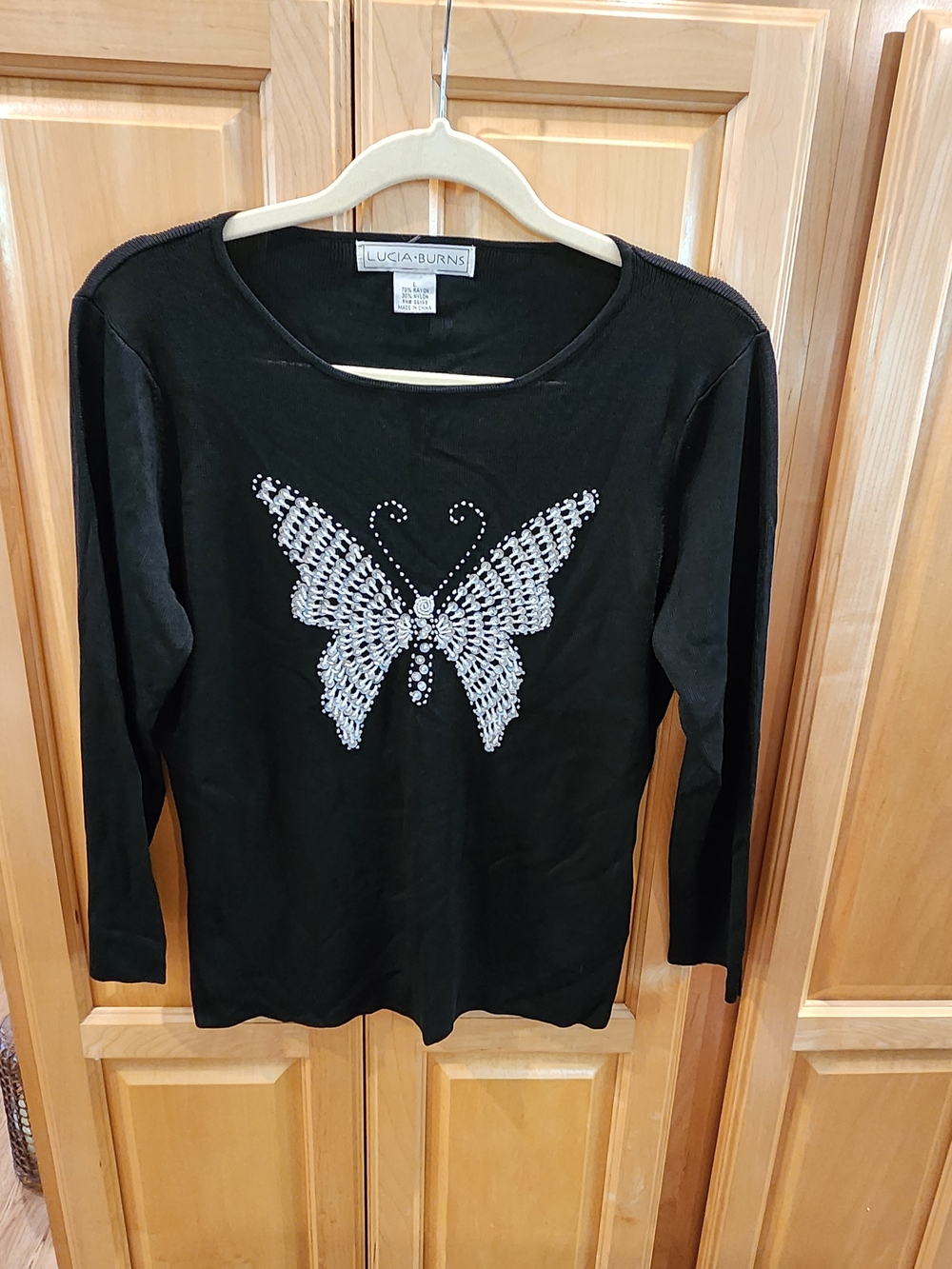 Lucia Burns Black Long-Sleeve Tee with Crystal Butterfly
